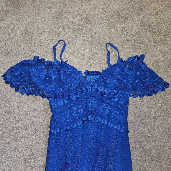 Three Floor Vibrant Royal Blue Off Shoulder Lace Dress 0 Elegant Boho - Picture 2 of 8